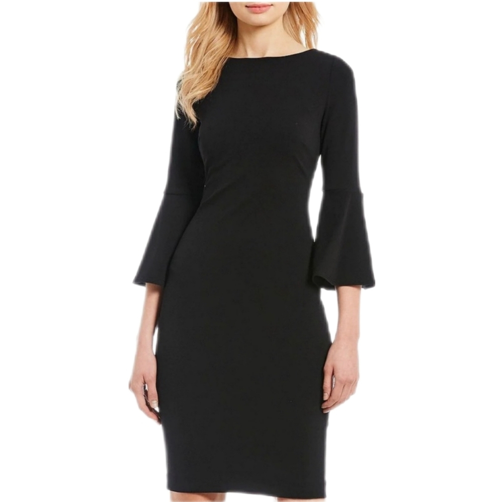 Calvin Klein Smoke Black 3/4 Bell Sleeve Boat Neck Sheath Cocktail Dress Size 10